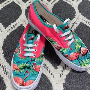 EUC custom vans- women's size 7.5. bright pink with teal flamingo pattern